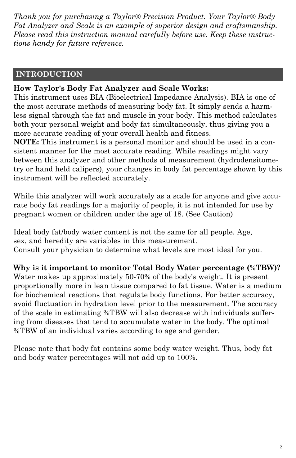 Taylor Body Fat Analyzer and Scale 5742 User Manual | Page 2 / 12