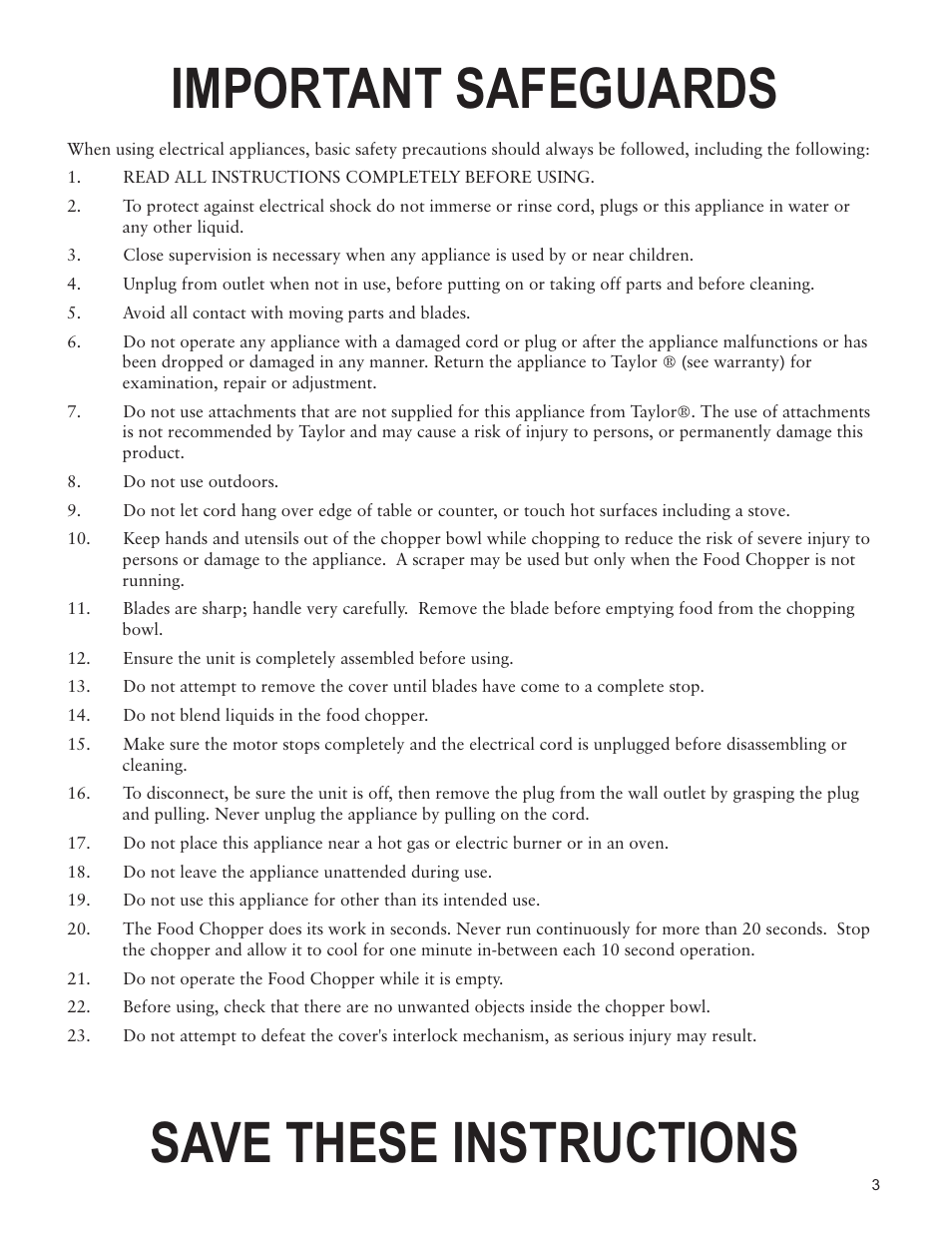 Important safeguards save these instructions | Taylor AC-1250-BL User Manual | Page 3 / 6