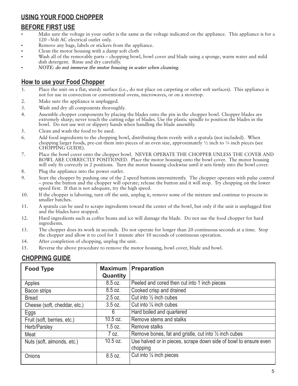How to use your food chopper, Before first use, Using your food chopper chopping guide | Taylor AC-1250-BL User Manual | Page 5 / 6