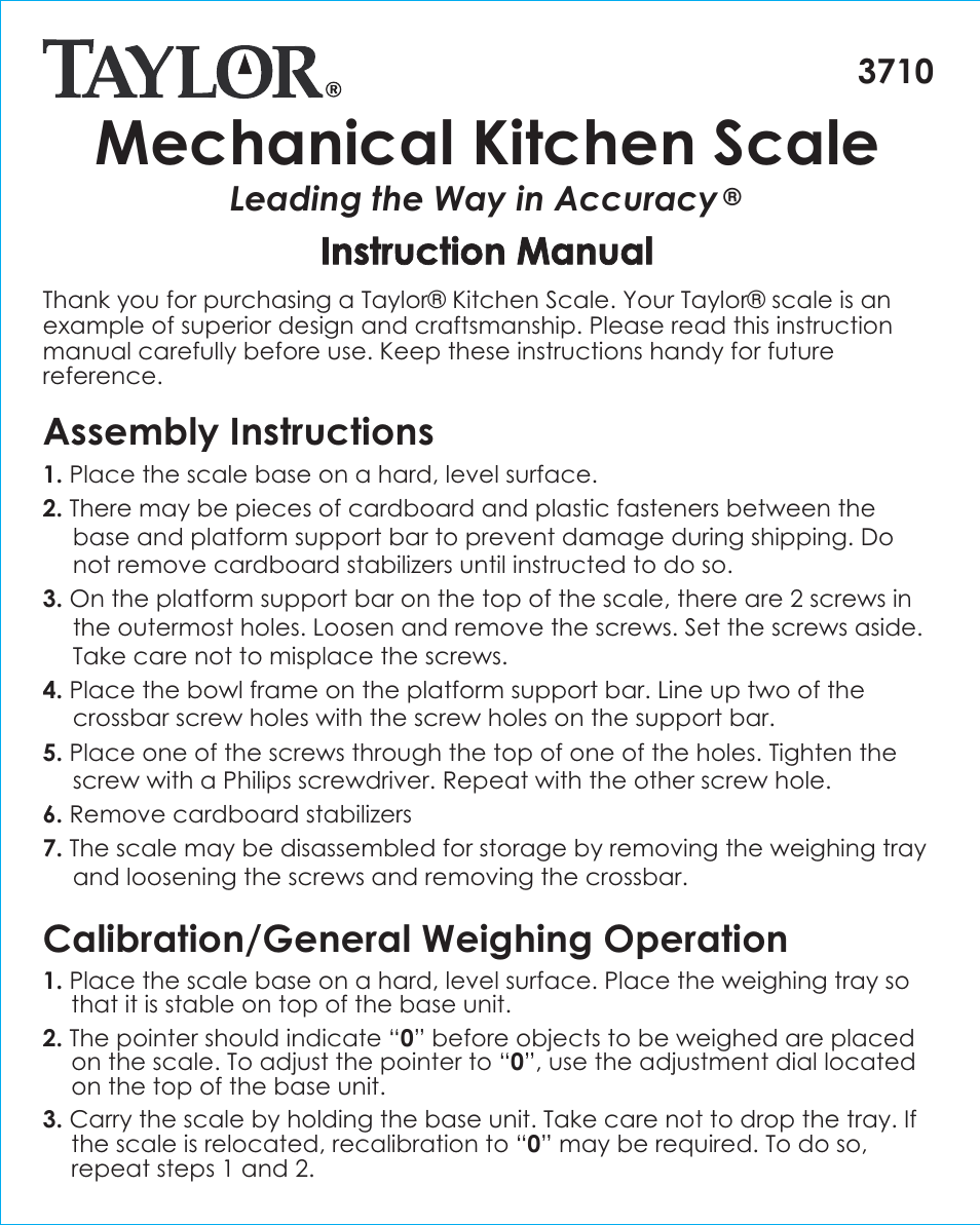 Taylor 3710 User Manual | 2 pages