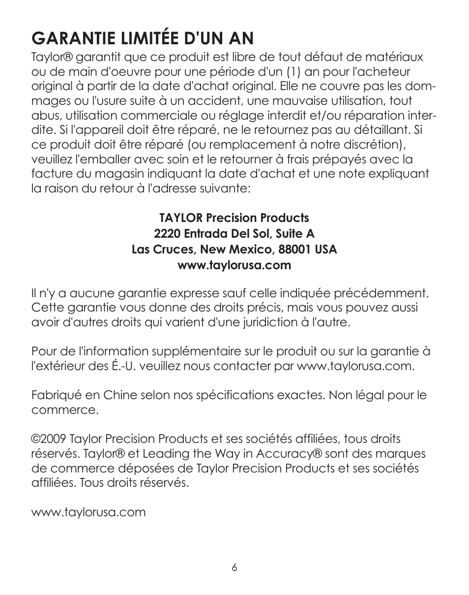 Garantie limitée d'un an | Taylor 3724-21 User Manual | Page 6 / 9