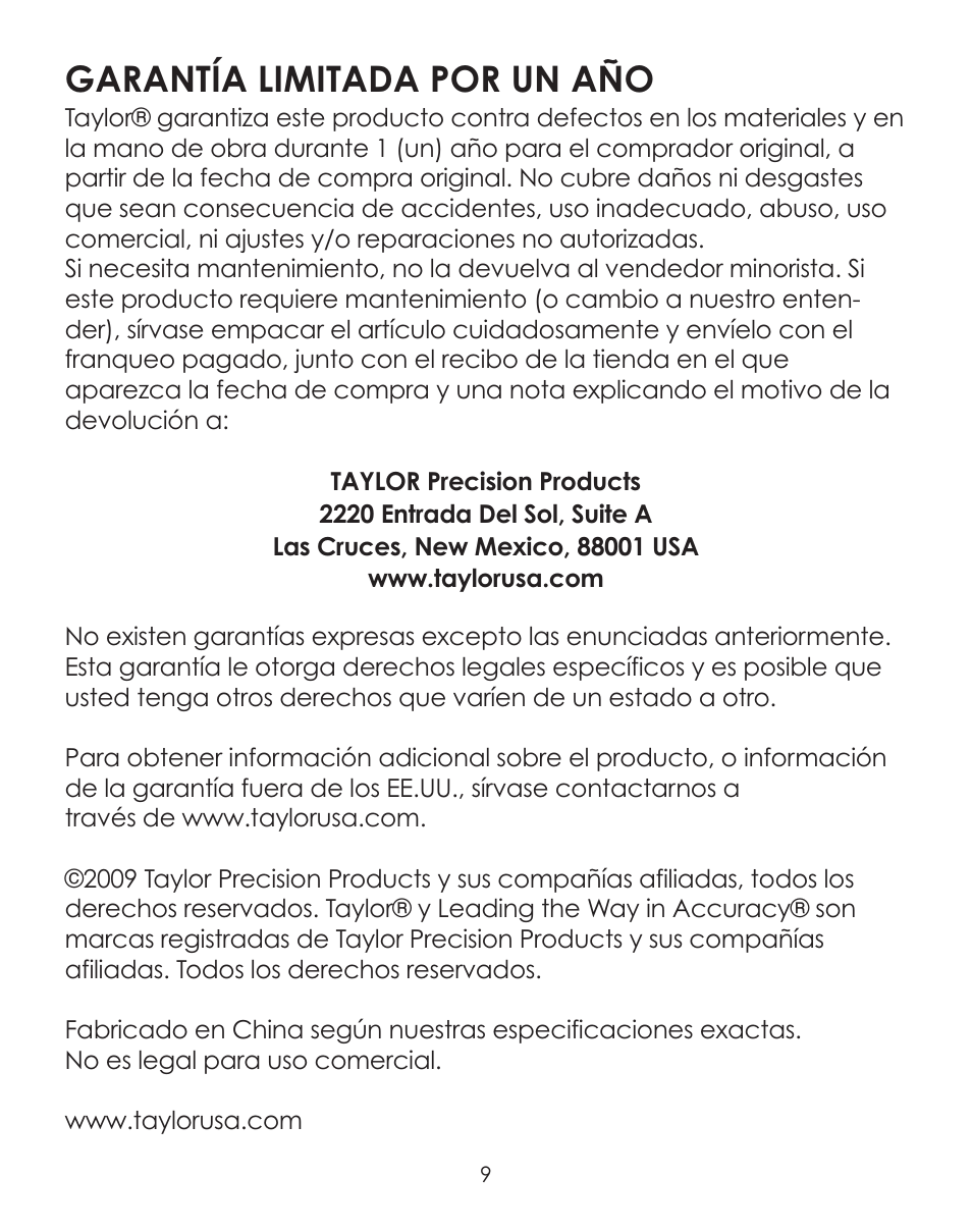 Garantía limitada por un año | Taylor 3724-21 User Manual | Page 9 / 9