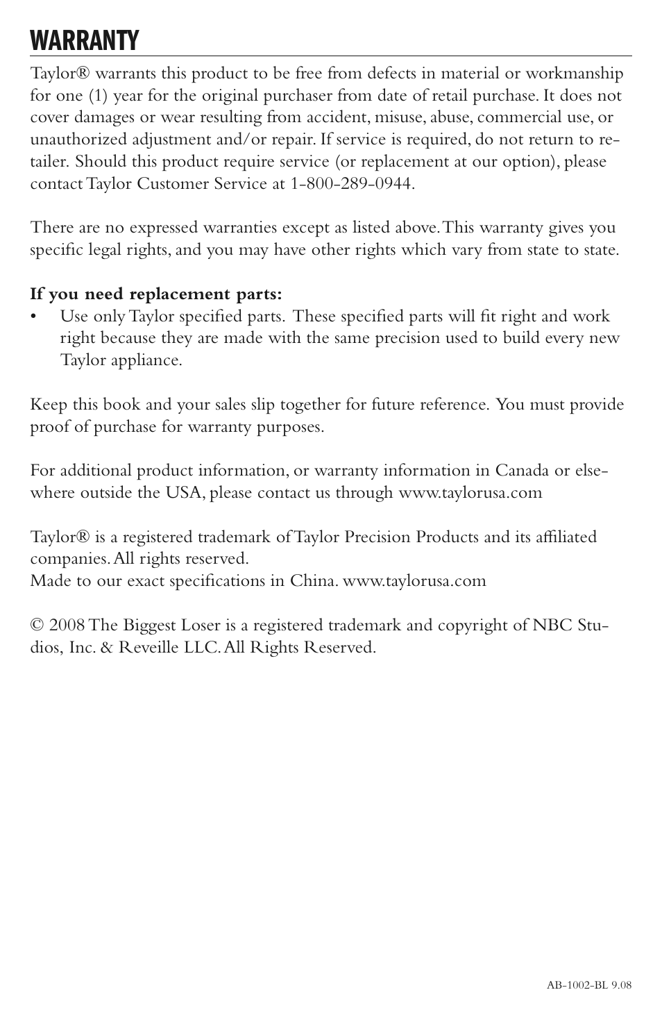 Warranty | Taylor AB-1002-BL User Manual | Page 12 / 12