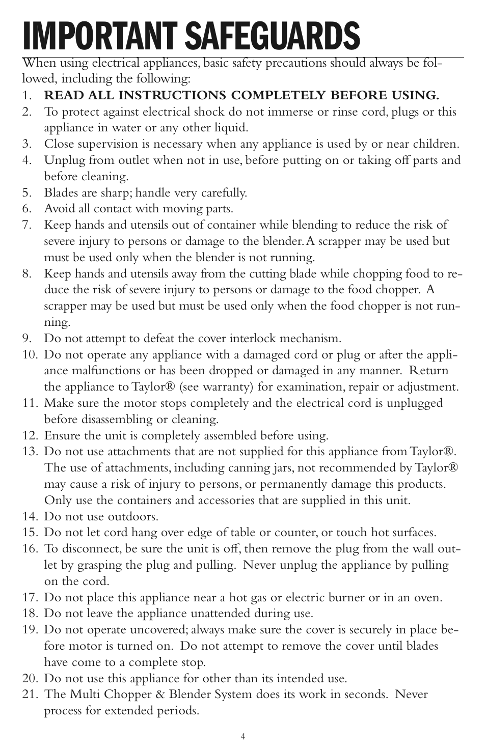 Important safeguards | Taylor AB-1002-BL User Manual | Page 4 / 12
