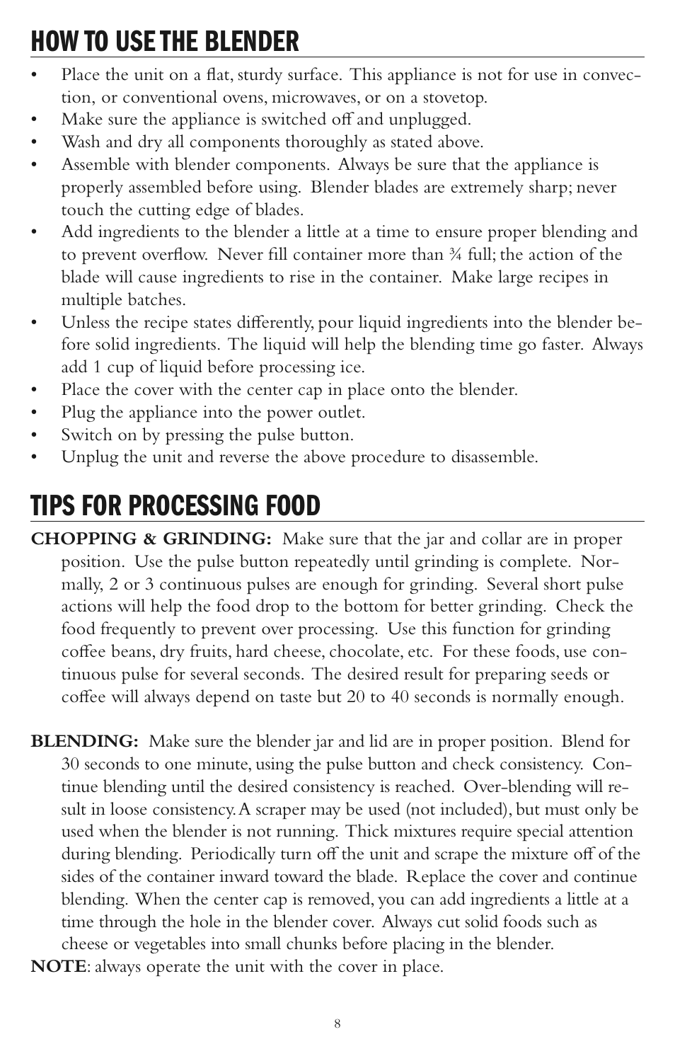 How to use the blender, Tips for processing food | Taylor AB-1002-BL User Manual | Page 8 / 12