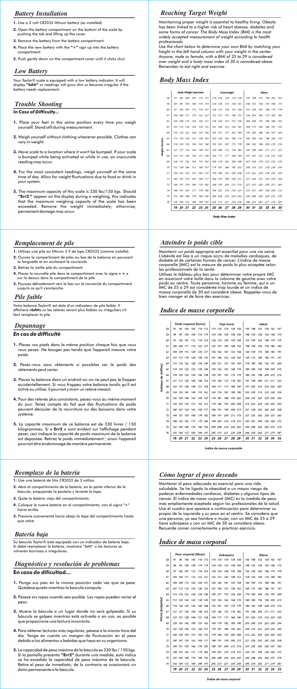 Reaching target weight, Trouble shooting battery installation low battery, Depannage remplacement de pile pile faible | Atteindre le poids cible, Cómo lograr el peso deseado | Taylor 7329 User Manual | Page 2 / 2