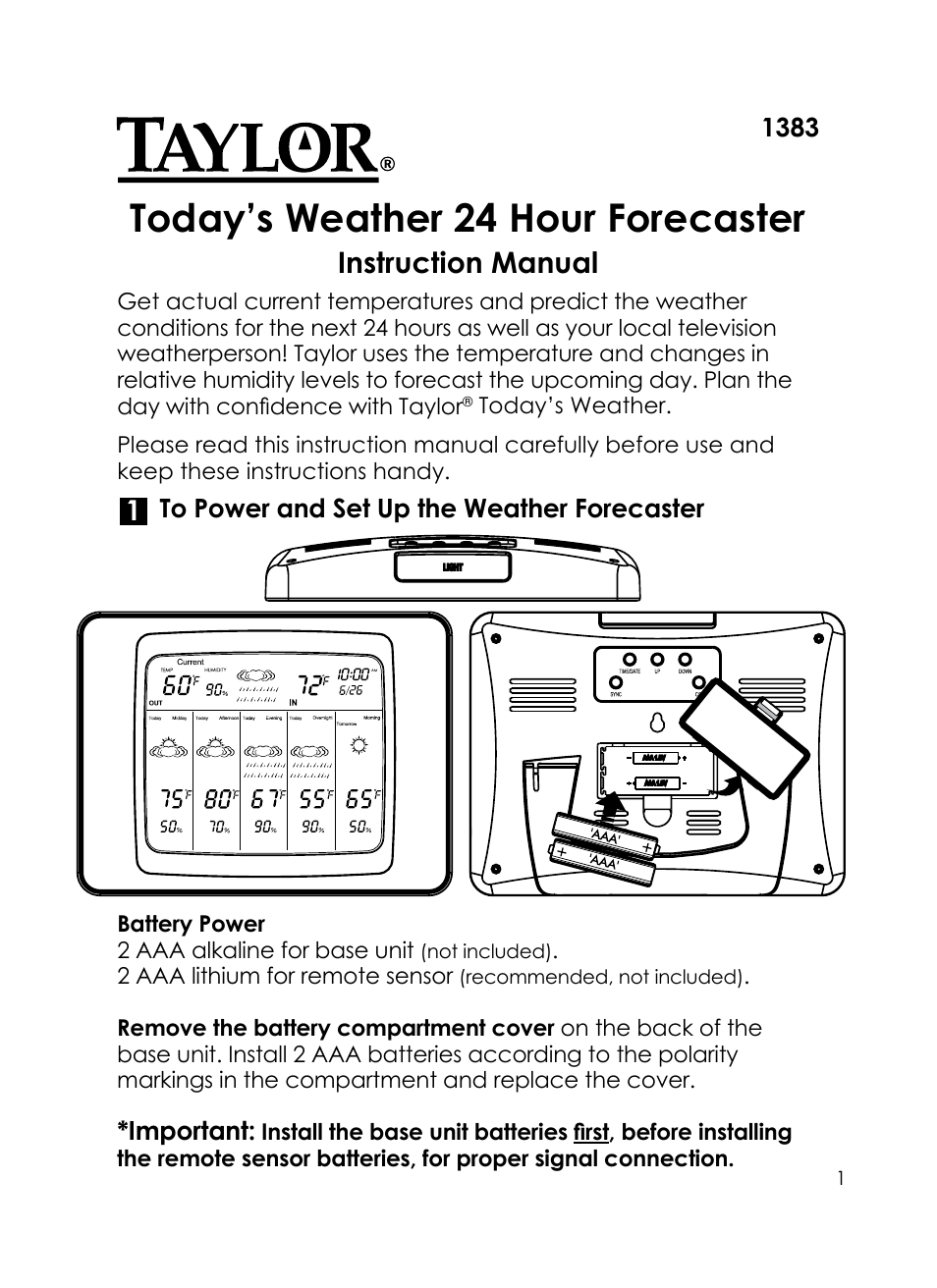 Taylor Today's weather 24 hour forecaster 1383 User Manual | 12 pages