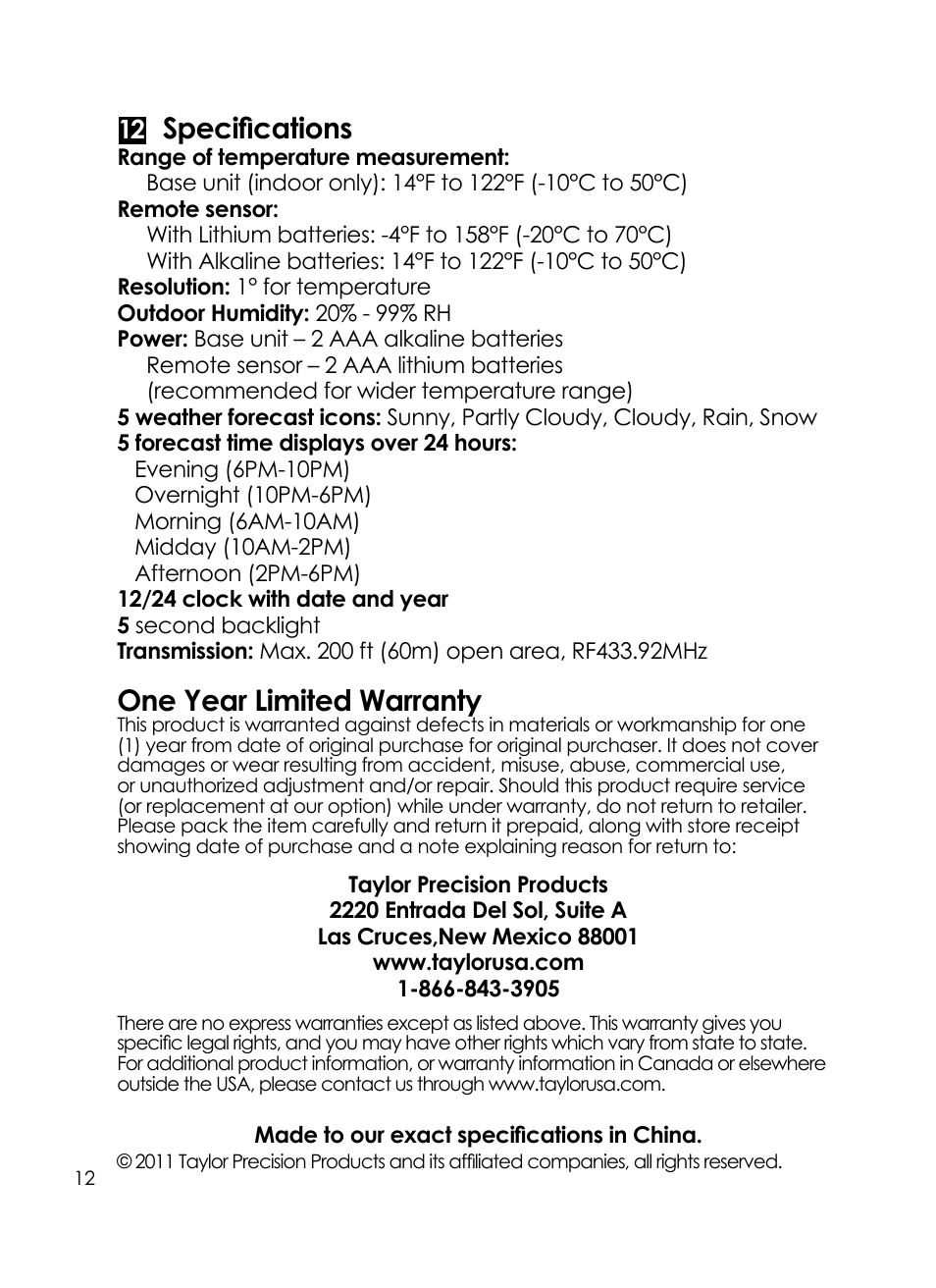 Specifications, One year limited warranty | Taylor Today's weather 24 hour forecaster 1383 User Manual | Page 12 / 12