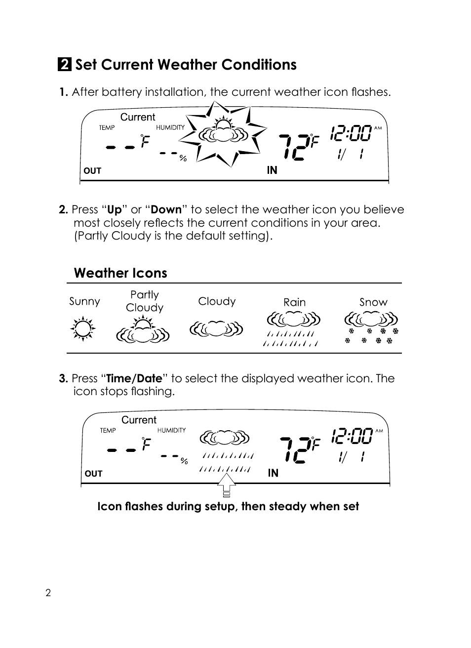 Set current weather conditions | Taylor Today's weather 24 hour forecaster 1383 User Manual | Page 2 / 12