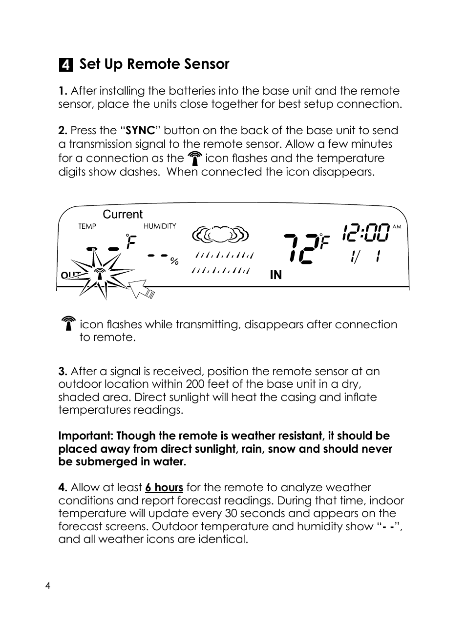 Set up remote sensor | Taylor Today's weather 24 hour forecaster 1383 User Manual | Page 4 / 12