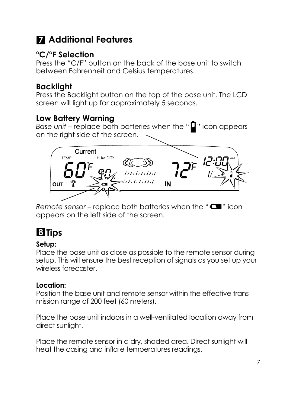 Additional features, Tips | Taylor Today's weather 24 hour forecaster 1383 User Manual | Page 7 / 12