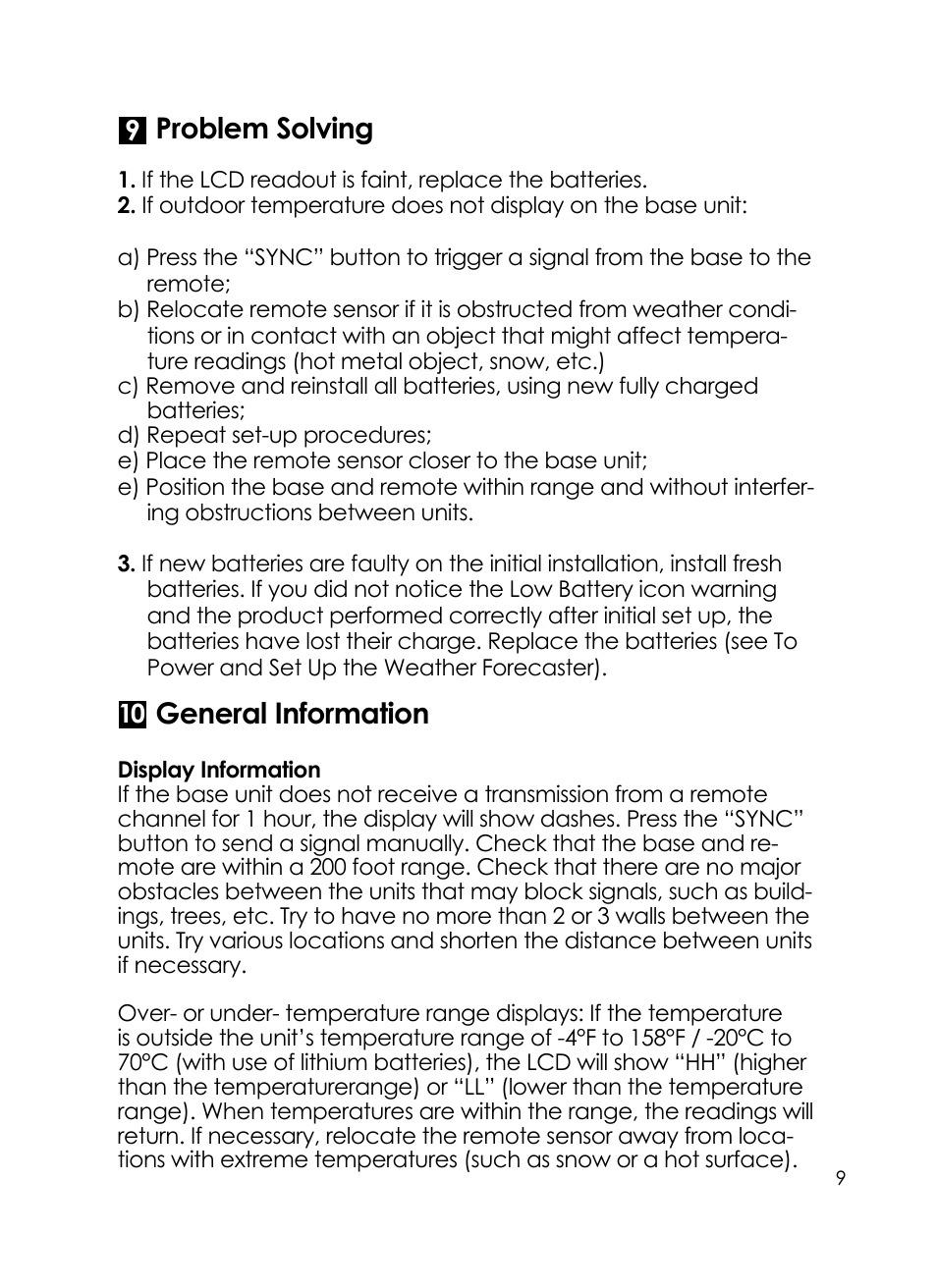 Problem solving, General information | Taylor Today's weather 24 hour forecaster 1383 User Manual | Page 9 / 12