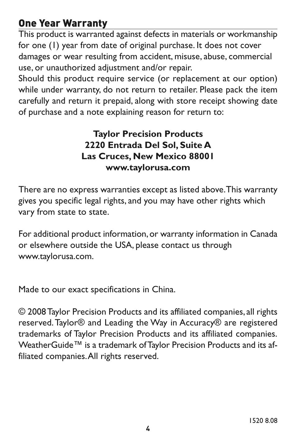 One year warranty | Taylor 1520 User Manual | Page 4 / 4