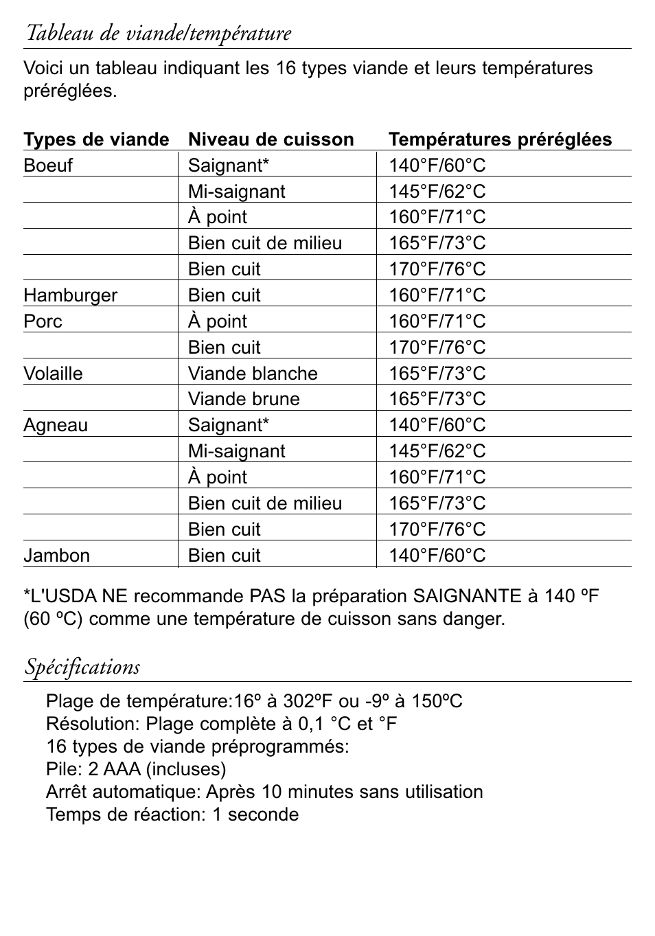 Tableau de viande/température, Spécifications | Taylor 518 User Manual | Page 11 / 20