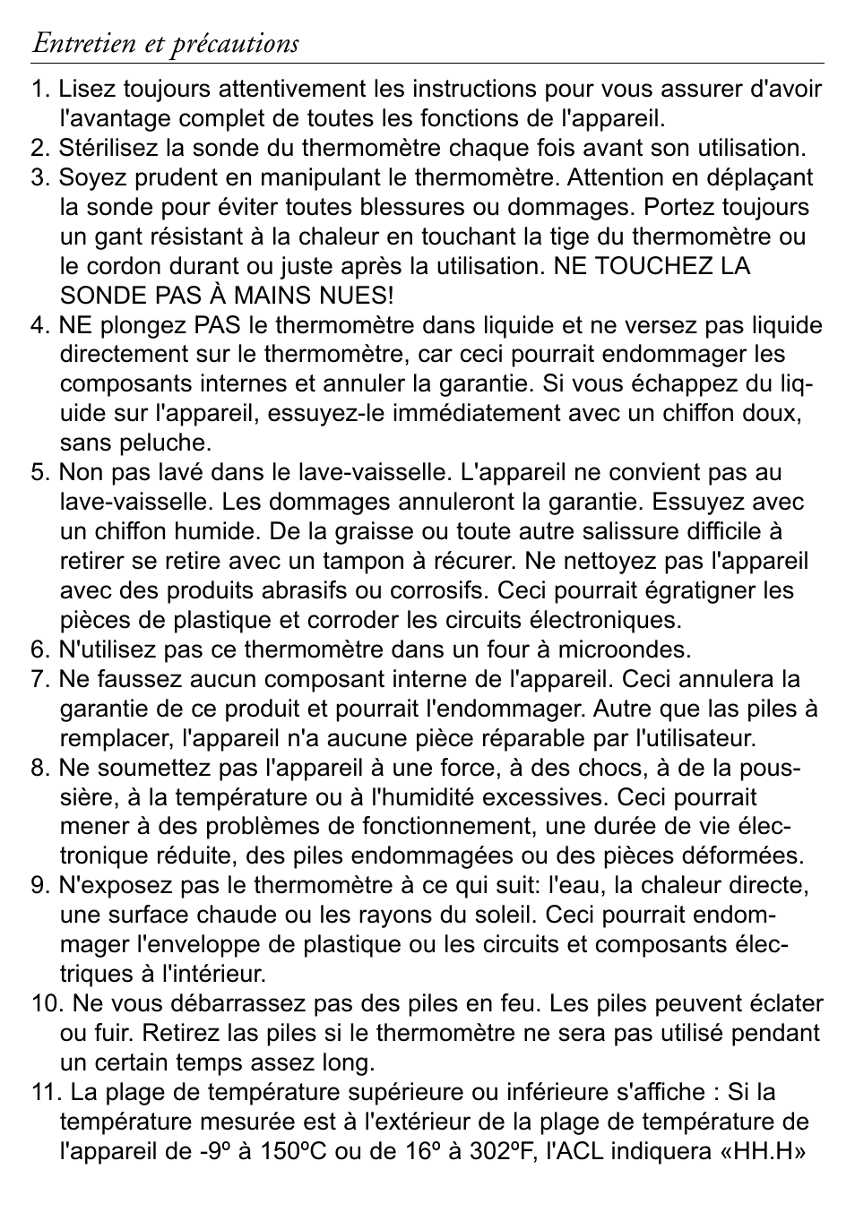 Entretien et précautions | Taylor 518 User Manual | Page 12 / 20