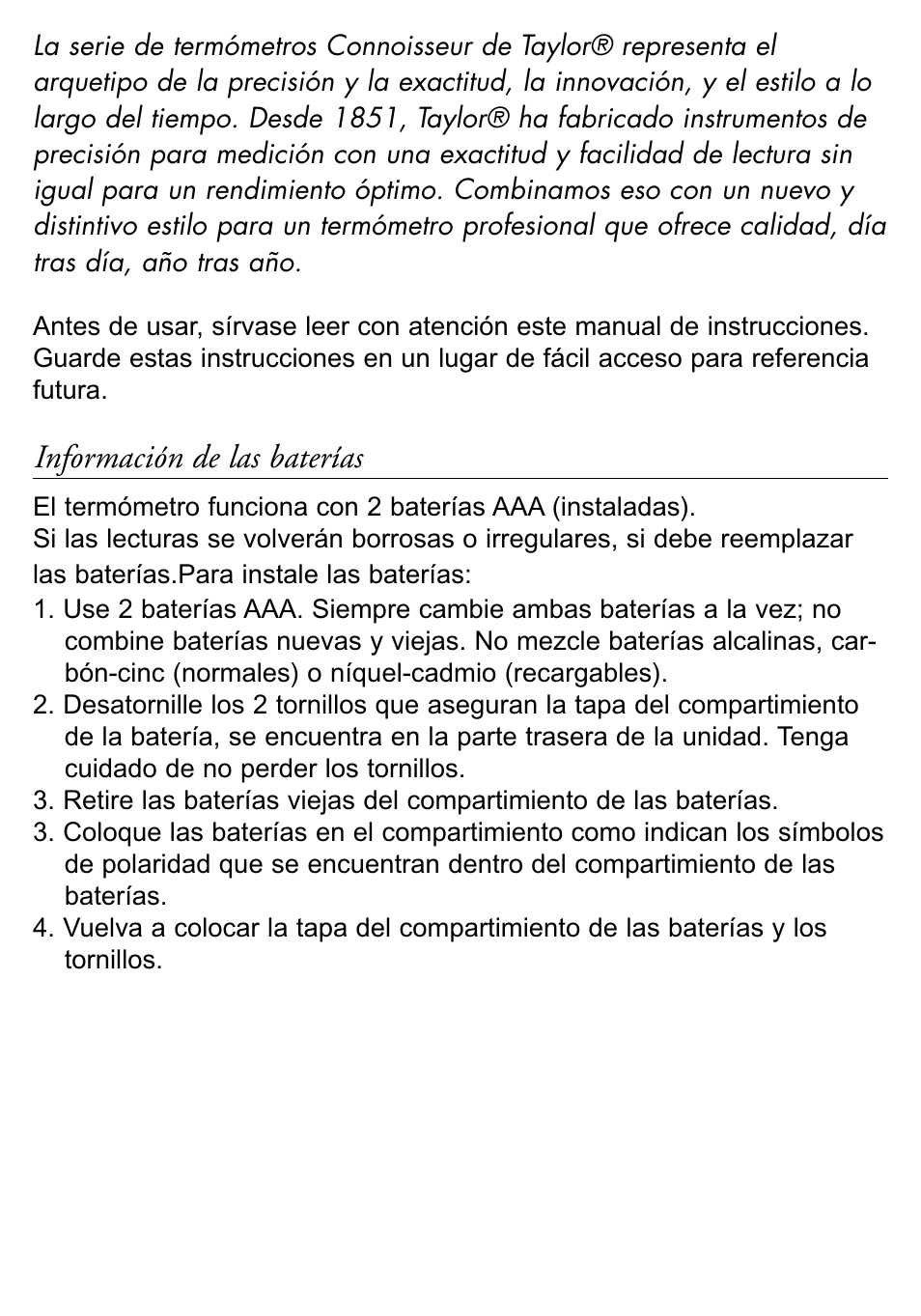 Información de las baterías | Taylor 518 User Manual | Page 15 / 20