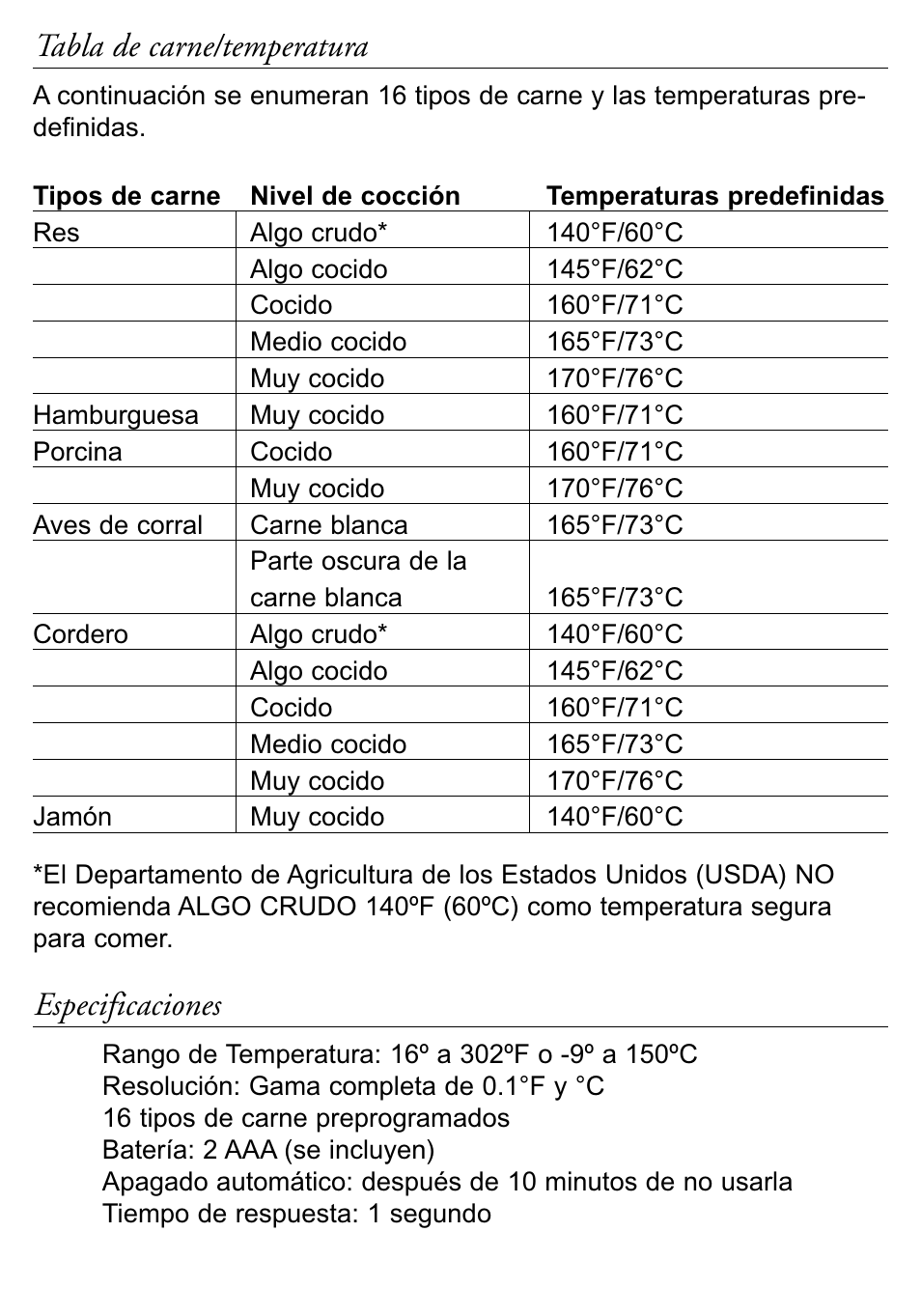 Tabla de carne/temperatura, Especificaciones | Taylor 518 User Manual | Page 18 / 20