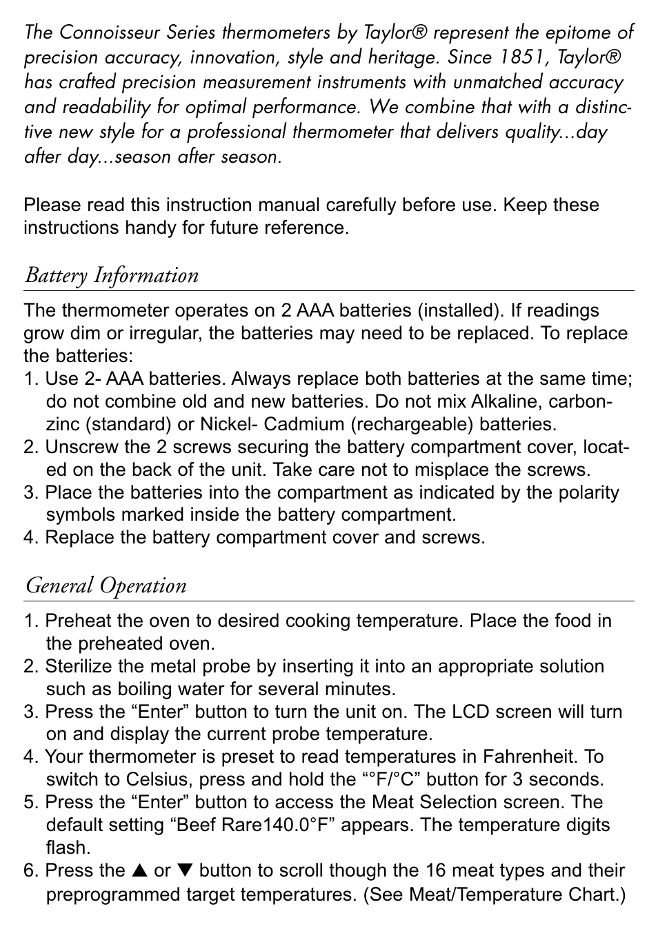 Battery information, General operation | Taylor 518 User Manual | Page 2 / 20