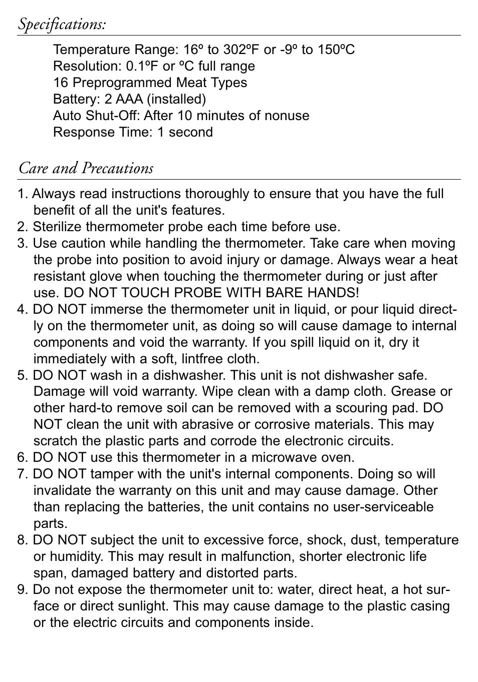 Specifications, Care and precautions | Taylor 518 User Manual | Page 5 / 20