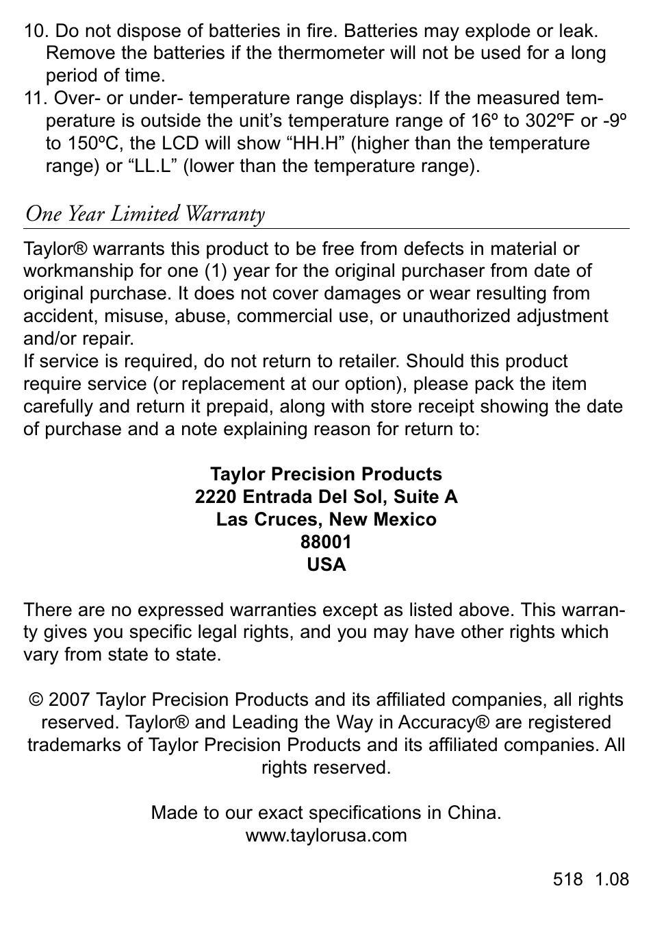 One year limited warranty | Taylor 518 User Manual | Page 6 / 20