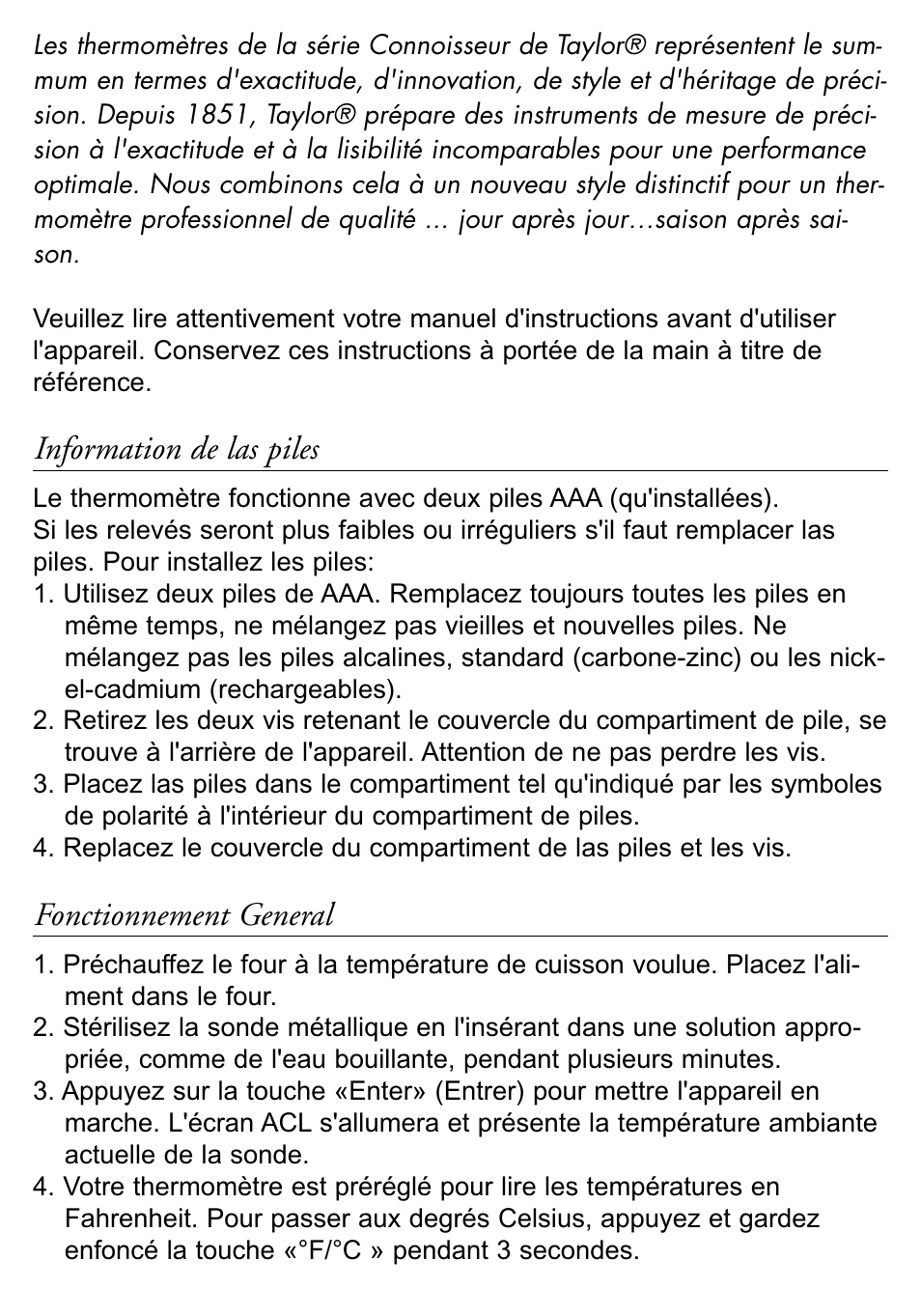 Information de las piles, Fonctionnement general | Taylor 518 User Manual | Page 8 / 20