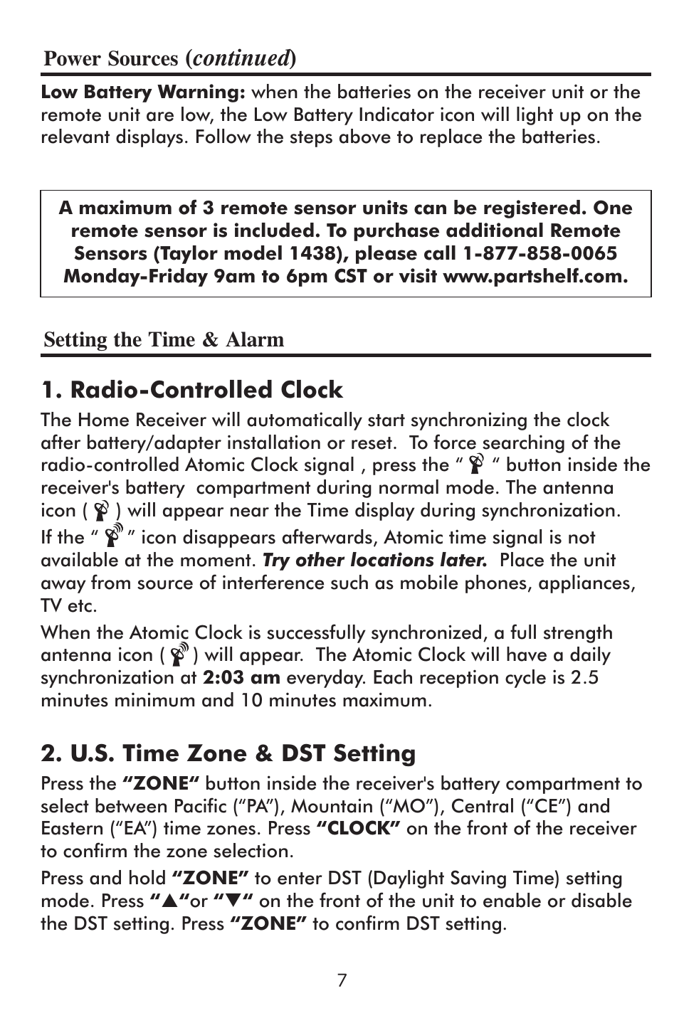 Radio-controlled clock, U.s. time zone & dst setting, Continued ) | Taylor 1507 User Manual | Page 8 / 16