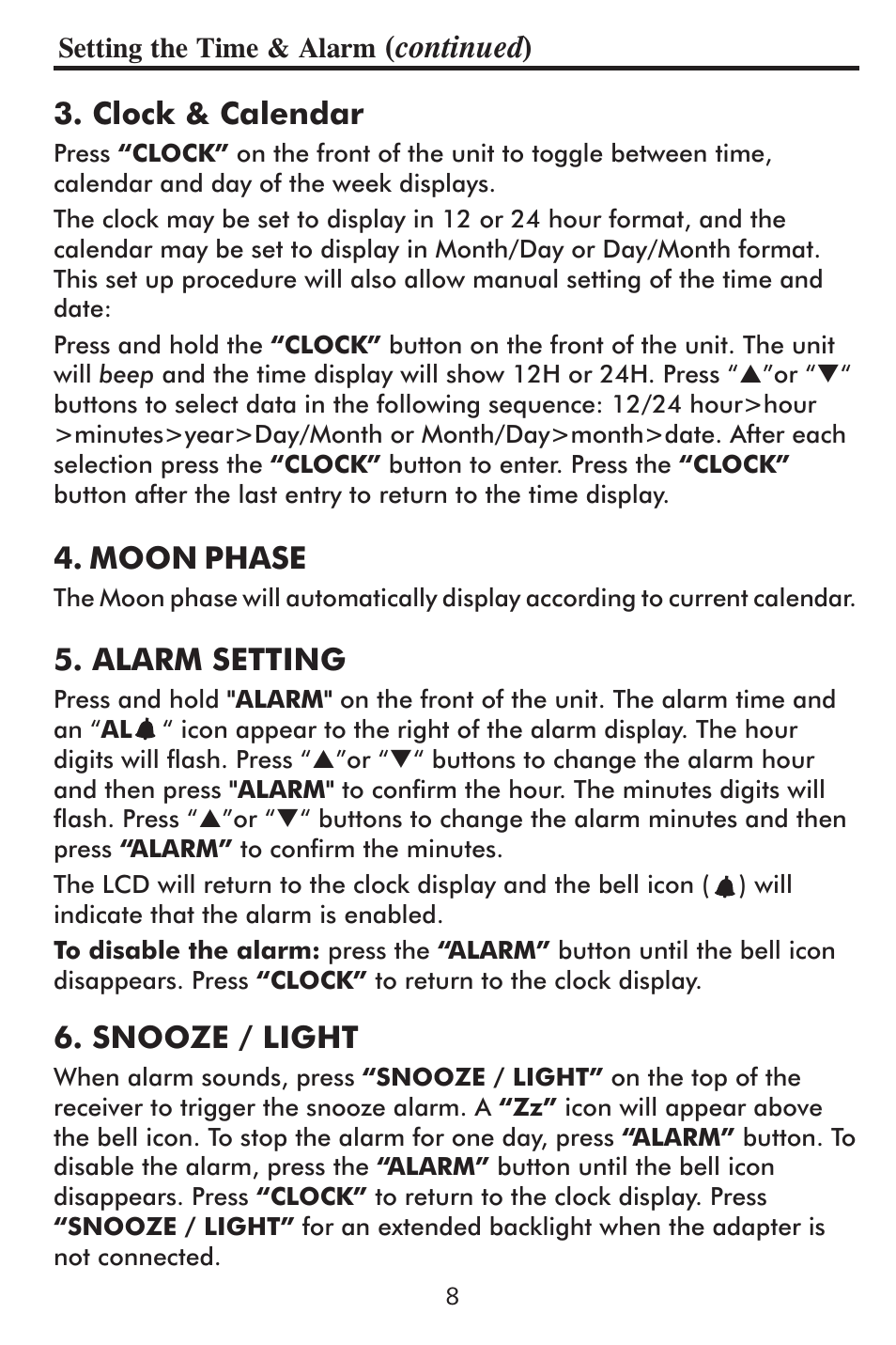 Continued ), Clock & calendar, Moon phase | Alarm setting, Snooze / light | Taylor 1507 User Manual | Page 9 / 16