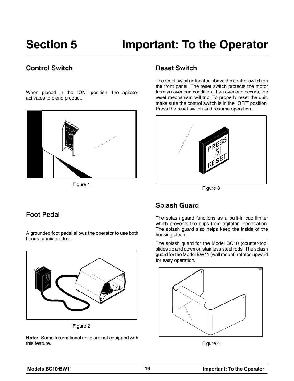 Control switch, Foot pedal, Reset switch | Splash guard | Taylor BC10 User Manual | Page 23 / 34