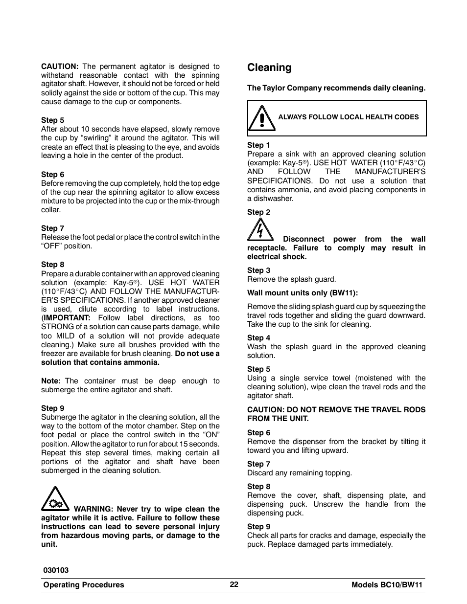 Cleaning | Taylor BC10 User Manual | Page 26 / 34