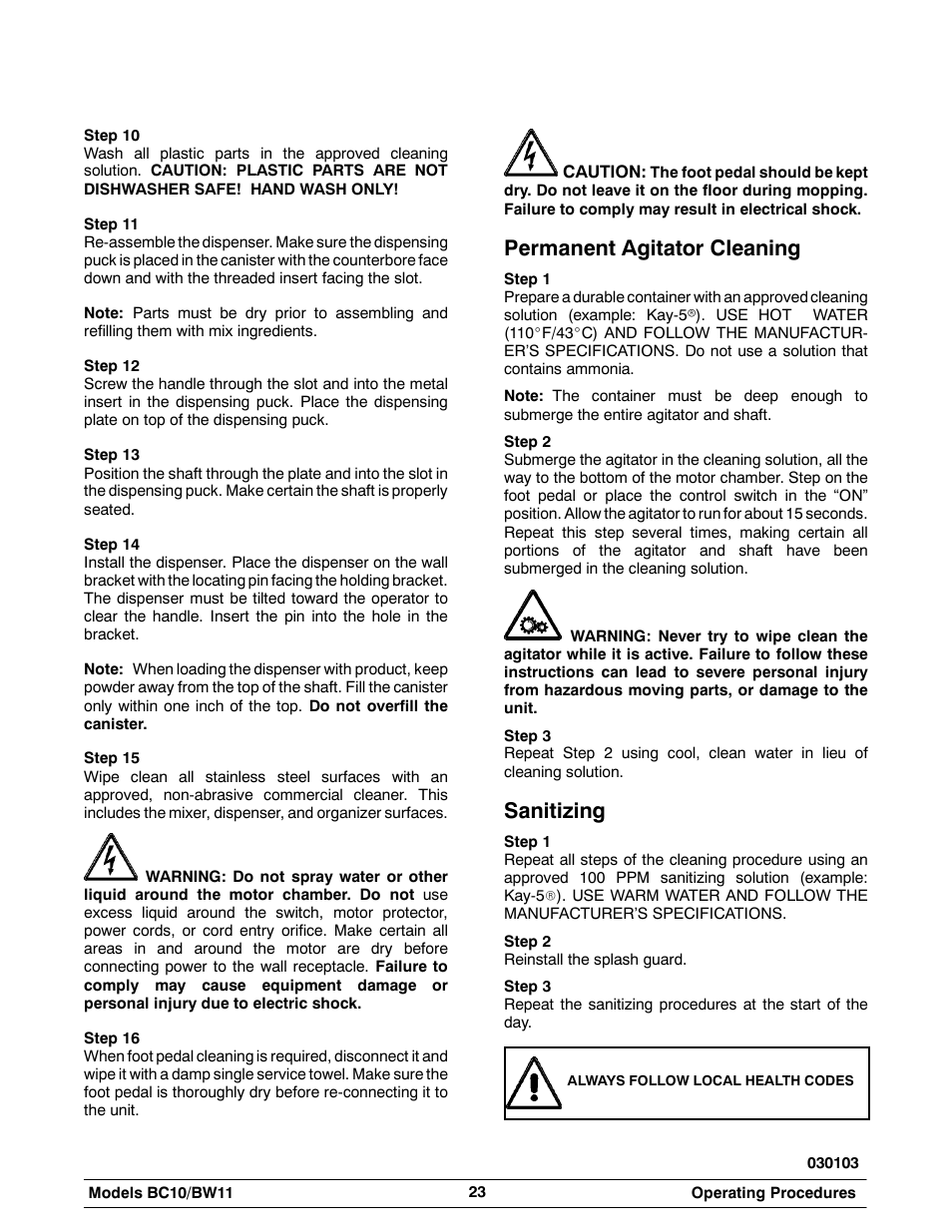 Permanent agitator cleaning, Sanitizing | Taylor BC10 User Manual | Page 27 / 34