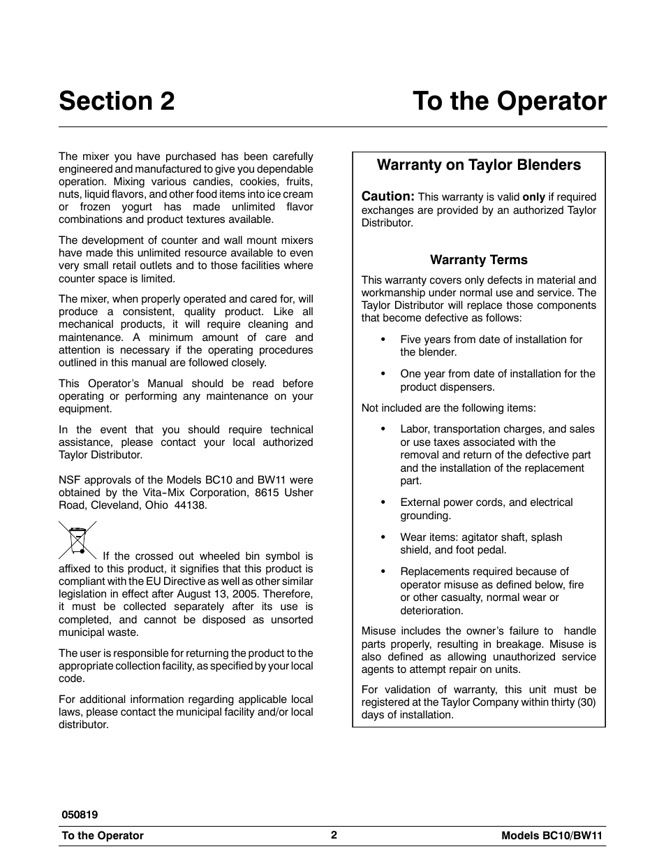 Warranty on taylor blenders | Taylor BC10 User Manual | Page 6 / 34