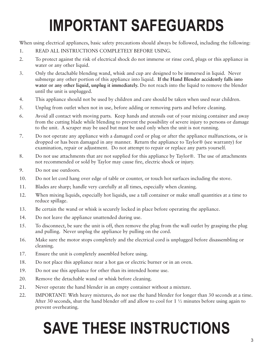 Important safeguards save these instructions | Taylor THE BIGGEST LOSER AB-1051-BL User Manual | Page 3 / 6