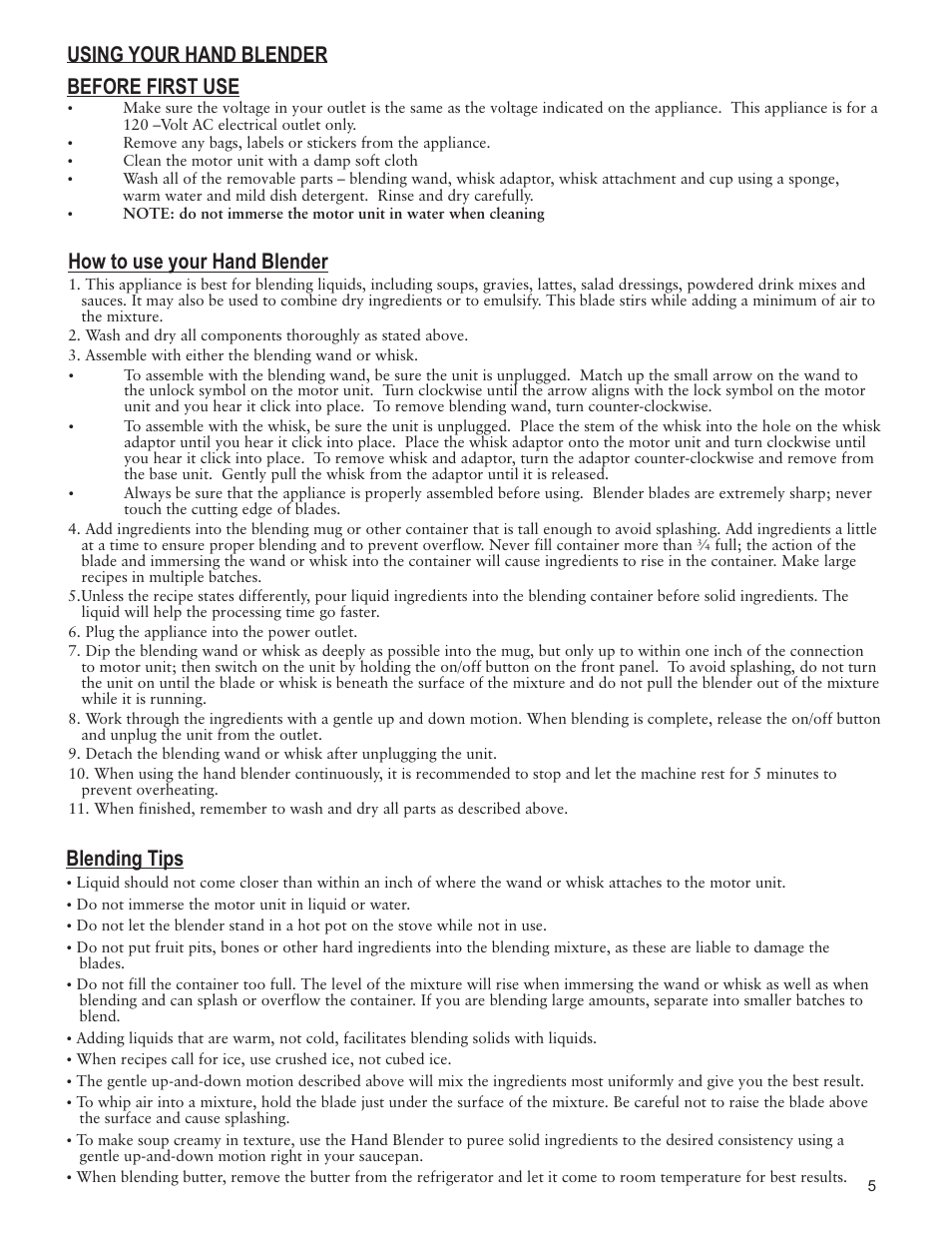 How to use your hand blender, Blending tips, Before first use | Using your hand blender | Taylor THE BIGGEST LOSER AB-1051-BL User Manual | Page 5 / 6
