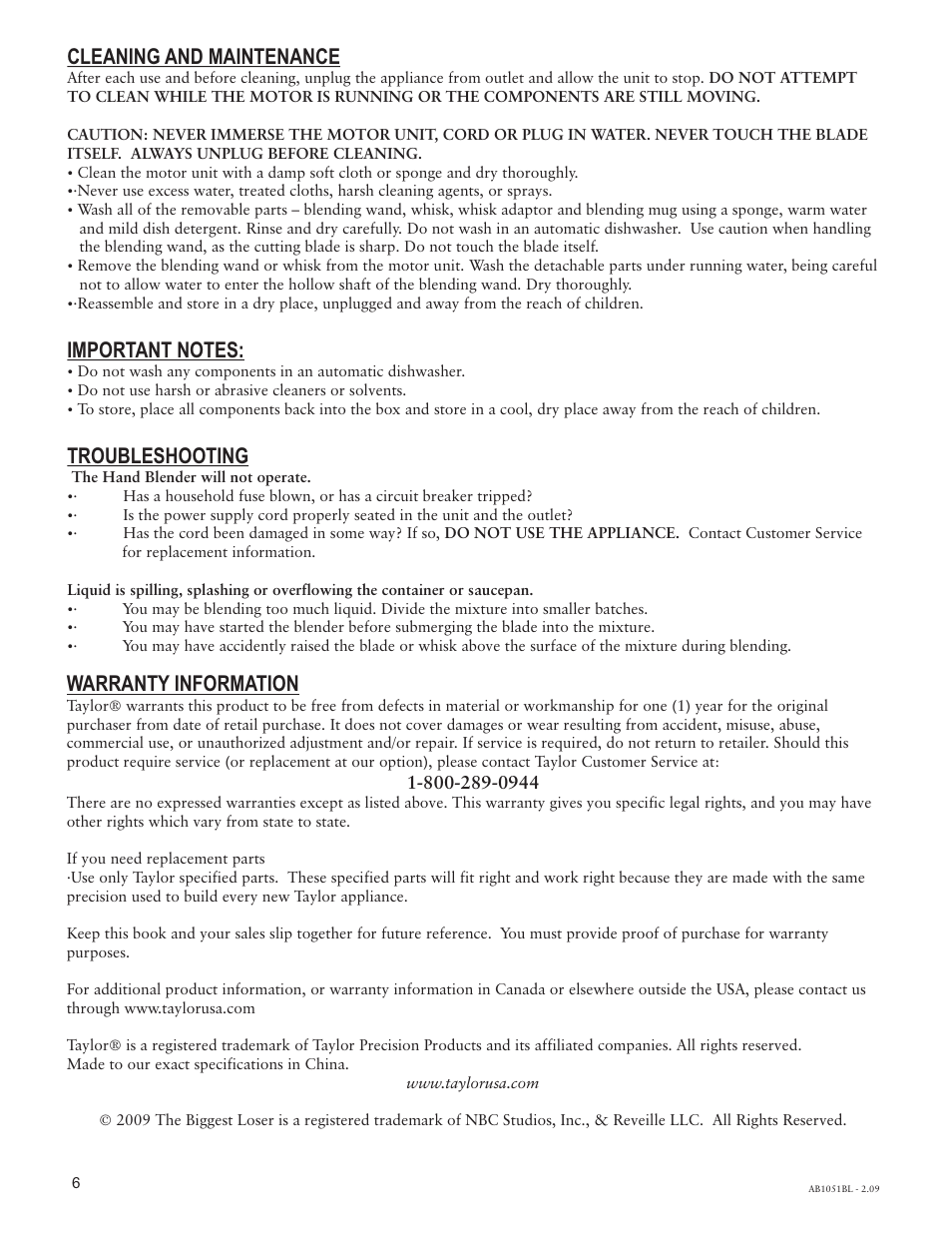 Cleaning and maintenance, Troubleshooting, Warranty information | Taylor THE BIGGEST LOSER AB-1051-BL User Manual | Page 6 / 6