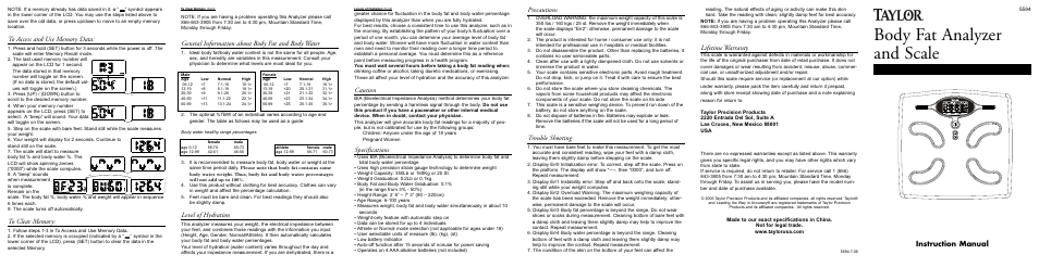Taylor Body Fat Analyzer and Scale 5594 User Manual | 2 pages