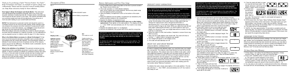 Weight only operation, Body fat and body water measuring operation | Taylor Body Fat Analyzer and Scale 5594 User Manual | Page 2 / 2