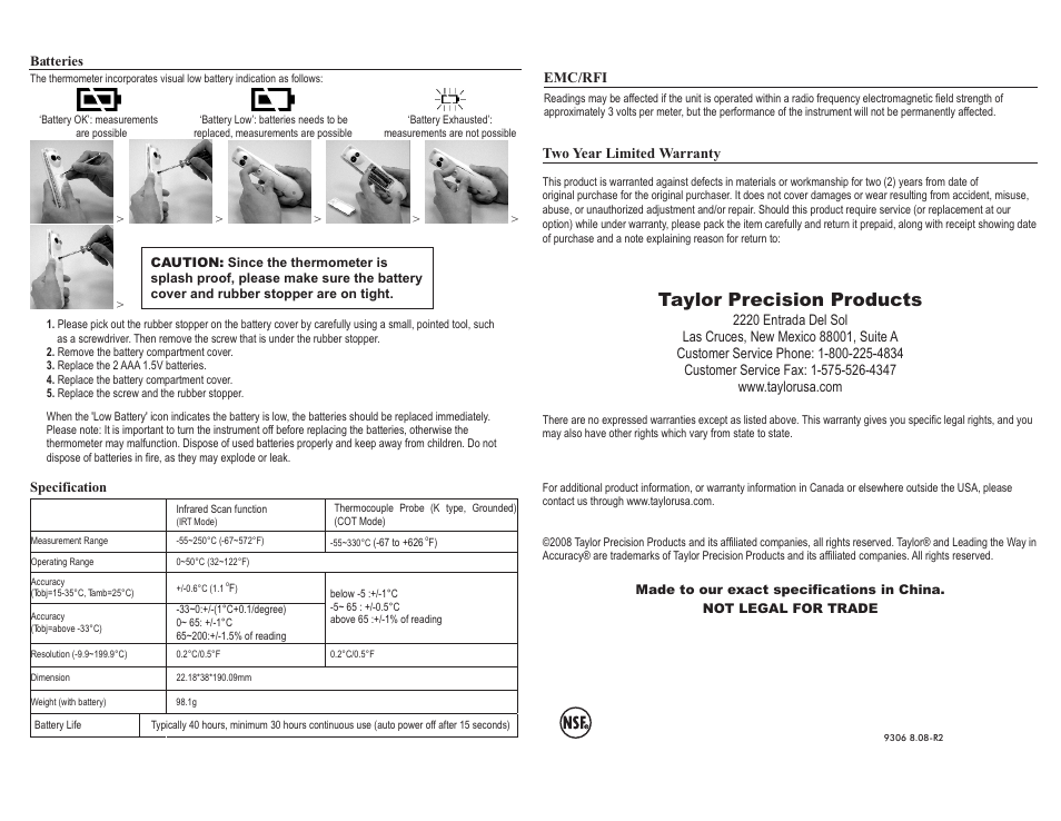 Taylor precision products | Taylor 9306 User Manual | Page 2 / 6
