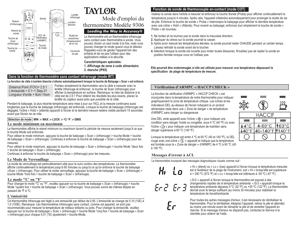 Mode d'emploi du thermomètre modèle 9306 | Taylor 9306 User Manual | Page 3 / 6