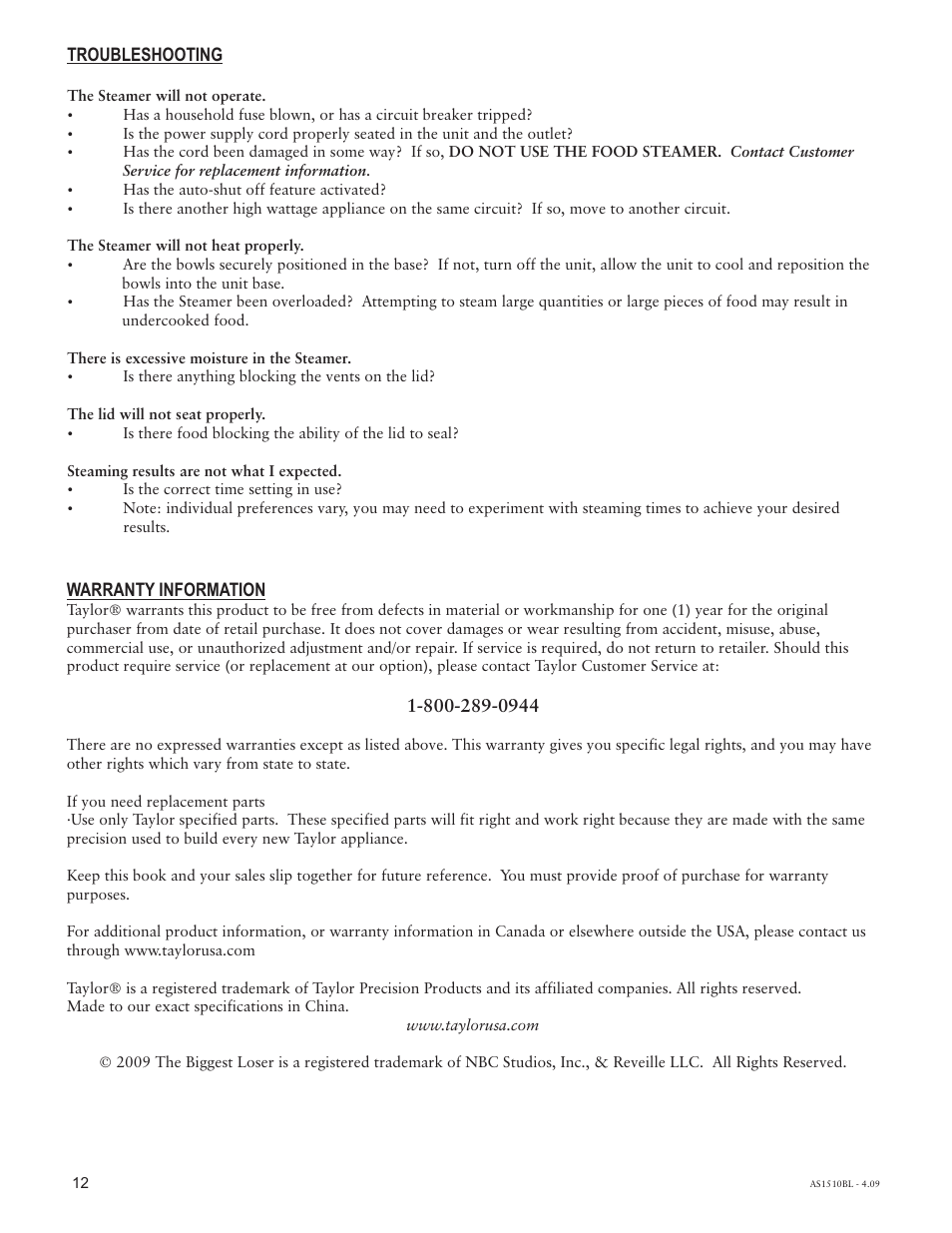 Taylor AS1510BL User Manual | Page 12 / 12