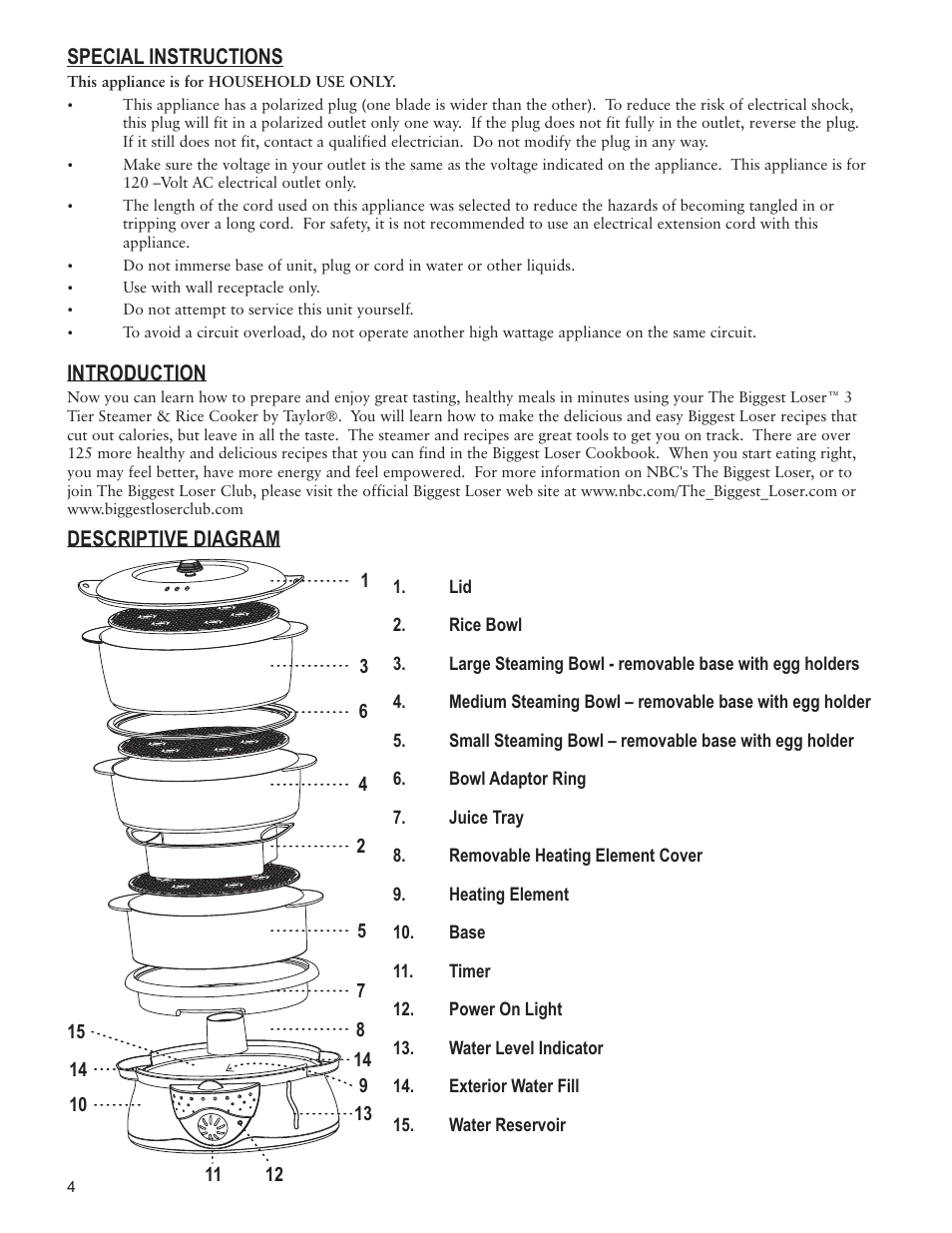 Introduction, Descriptive diagram special instructions | Taylor AS1510BL User Manual | Page 4 / 12