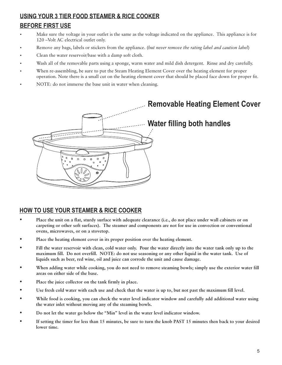 How to use your steamer & rice cooker, Before first use, Using your 3 tier food steamer & rice cooker | Taylor AS1510BL User Manual | Page 5 / 12