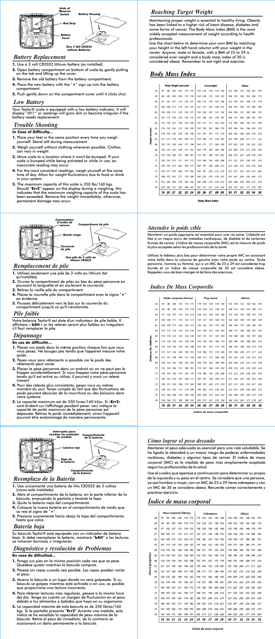 Battery replacement, Atteindre le poids cible indice de mass corporelle, Cómo lograr el peso deseado | Taylor 7324EXP User Manual | Page 2 / 2