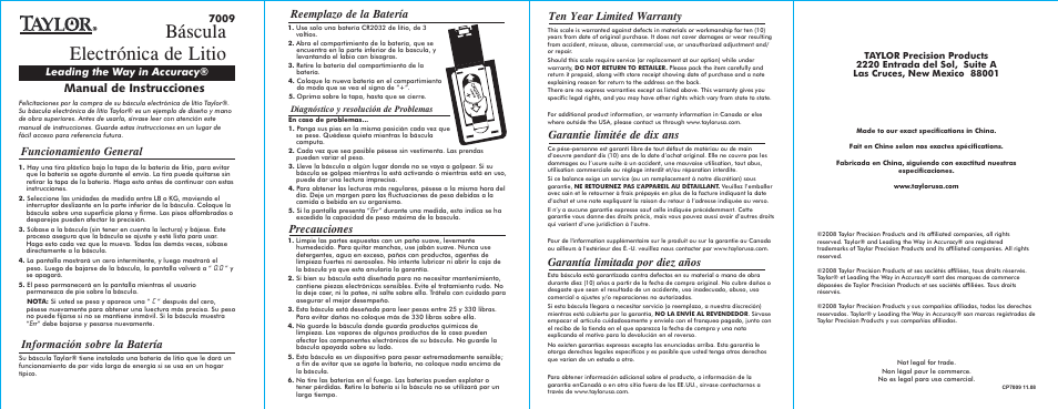 Báscula electrónica de litio, Manual de instrucciones, Reemplazo de la batería | Precauciones, Leading the way in accuracy | Taylor 7009 User Manual | Page 2 / 2