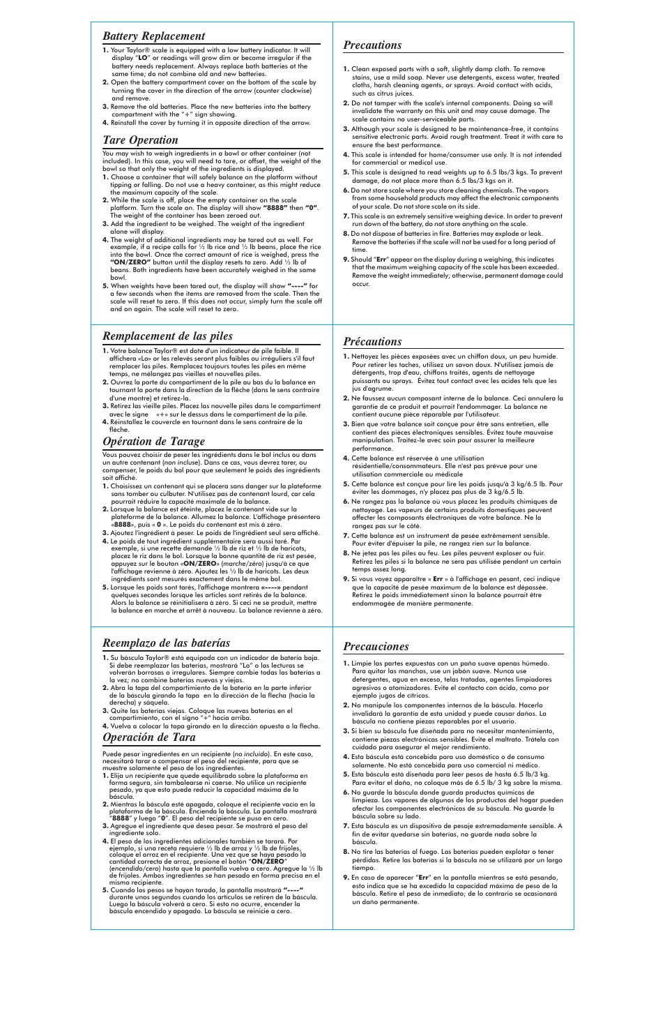 Battery replacement tare operation precautions | Taylor The Biggest Loser Digital Kitchen Scale 3826BL User Manual | Page 2 / 2