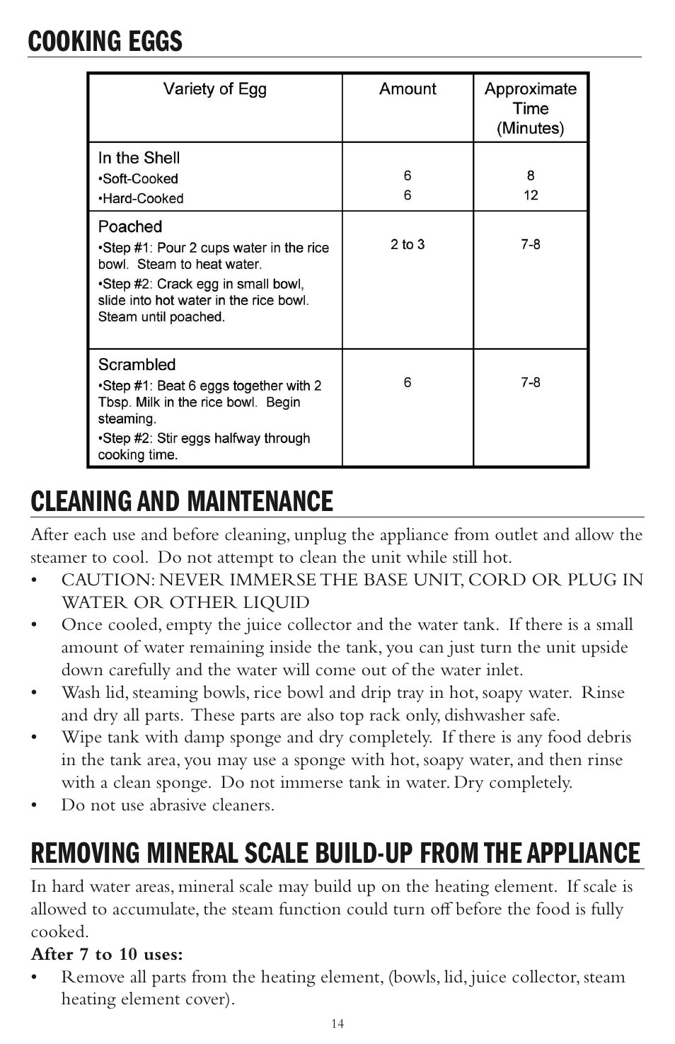 Cleaning and maintenance, Removing mineral scale build-up from the appliance, Cooking eggs | Taylor AS-1500-BL User Manual | Page 14 / 16