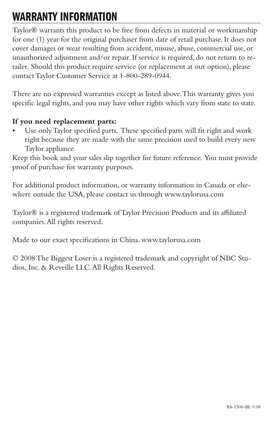 Warranty information | Taylor AS-1500-BL User Manual | Page 16 / 16