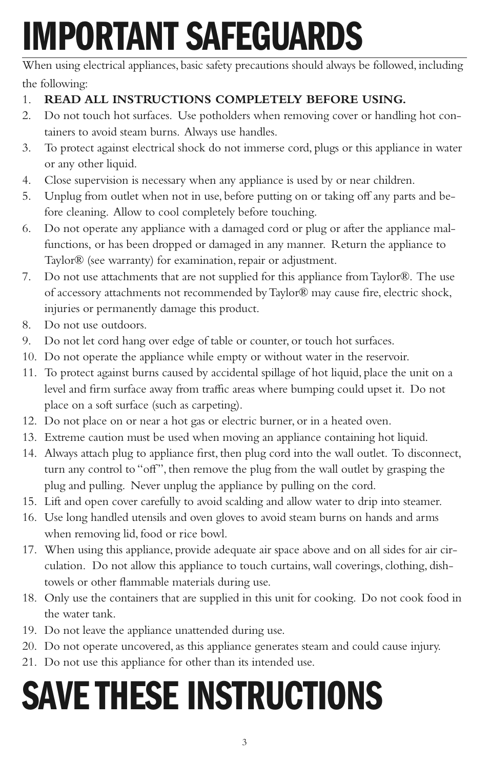 Important safeguards, Save these instructions | Taylor AS-1500-BL User Manual | Page 3 / 16
