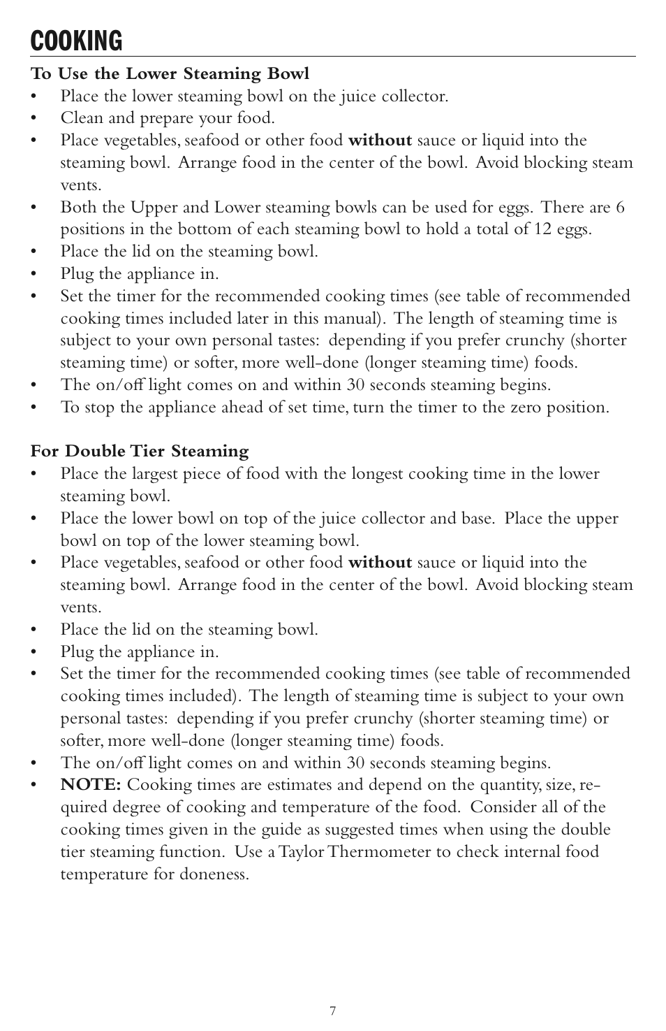 Cooking | Taylor AS-1500-BL User Manual | Page 7 / 16