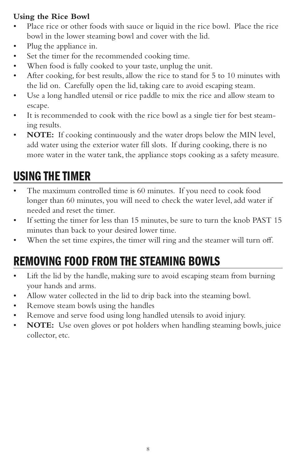Using the timer, Removing food from the steaming bowls | Taylor AS-1500-BL User Manual | Page 8 / 16