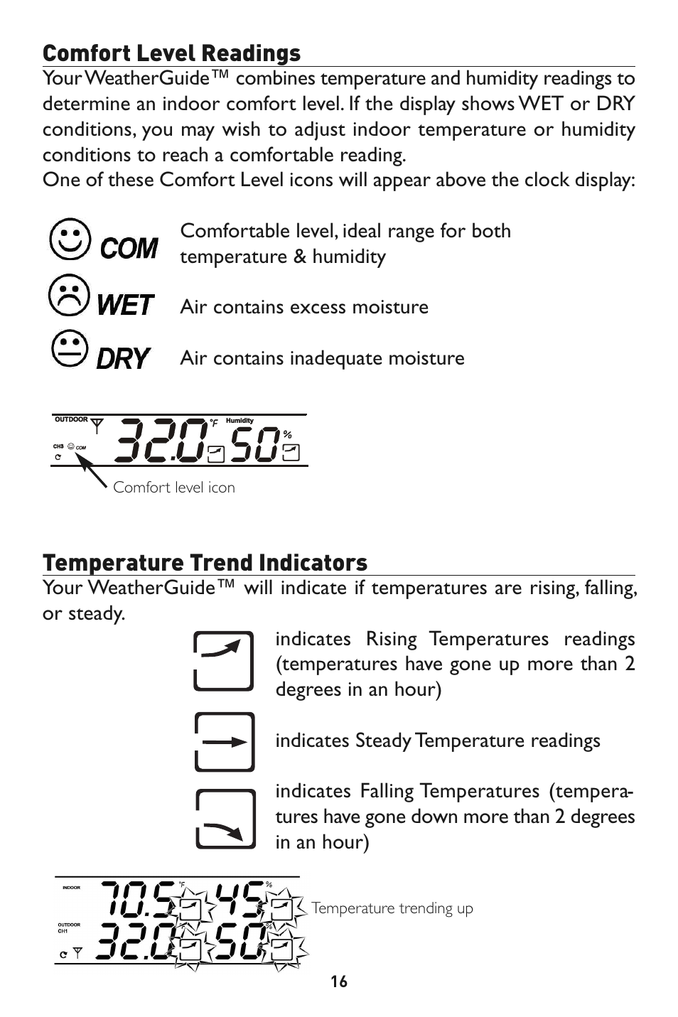 Comfort level readings, Temperature trend indicators | Taylor 1527 User Manual | Page 16 / 23
